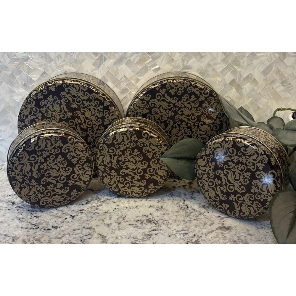 5 Vintage Round Gold Brown Metal Trinket Box Gift Tin Storage Leaf Pattern